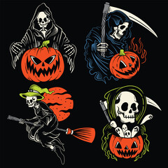 set of outline grim reaper halloween design illustration