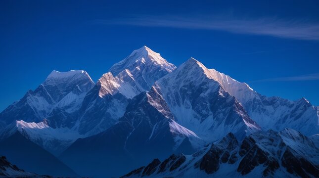 Massive snowcapped summits rise dramatically against the evening sky