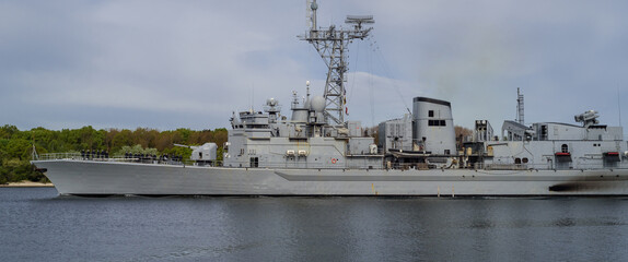 WARSHIP - A modern French Navy frigate sails to the sea port