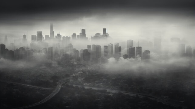 A black and white photograph of a city skyline in the fog
