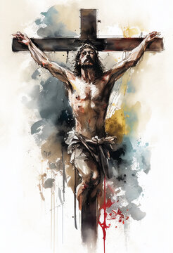 Watercolour painting of the Crucifixion of Jesus Christ on the crucifix cross before ascending to Heaven to be with God celebrated as Easter Good Friday, Generative AI stock illustration image