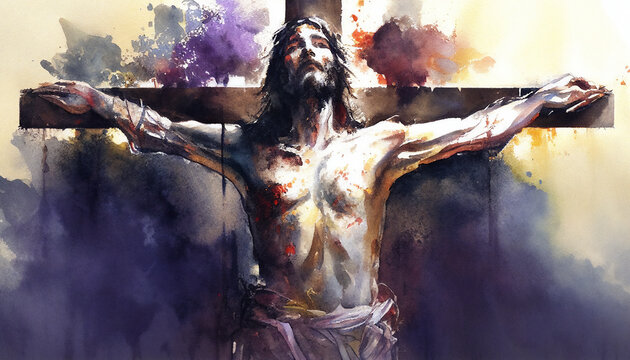Watercolour painting of the Crucifixion of Jesus Christ on the crucifix cross before ascending to Heaven to be with God celebrated as Easter Good Friday, Generative AI stock illustration image