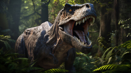 Fototapeta premium T rex or tyrannosaurus rex a large carnivorous theropod dinosaur of the Jurassic Cretaceous period with a fierce large monster size head jaw and teeth, Generative AI stock illustration image