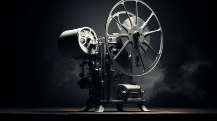 A black and white shot of an antique film projector, casting a nostalgic glow - obrazy, fototapety, plakaty