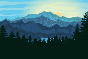 Sunrise in the mountains, landscape, mountains, forest, lake, vacation, hike, vector drawing