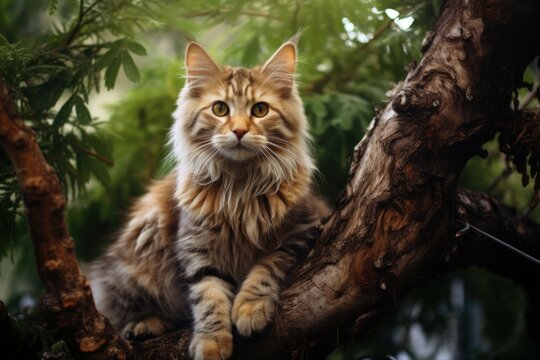 Curious cat on tree branch. Nature animal. Generate Ai