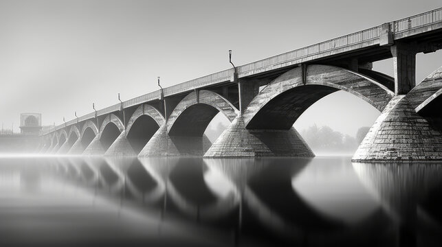 A black and white photograph of a bridge over a river