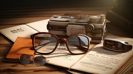 vintage classic clapperboard and  lenses  on brown