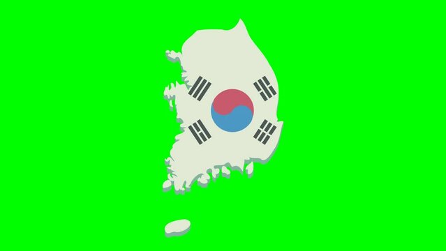 Animation of appearance and disappearance of the 3D map of South korea in the colors of the south korean flag on a blue background, green background, transparency and white background in flat design