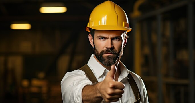 worker man with helmet pointing at you on background
