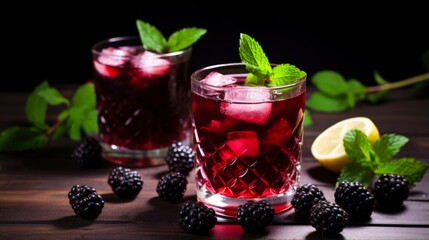 Refreshing Blackberry Juice in a Decorative Glass on a Berry Background. Perfect Cold Aperitif Drink in Summer
