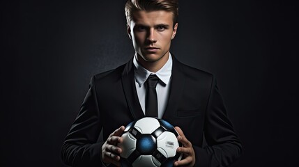 young male businessman holding soccer ball
