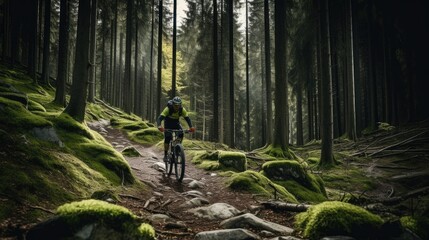 young mountain biker on single trail in green forest