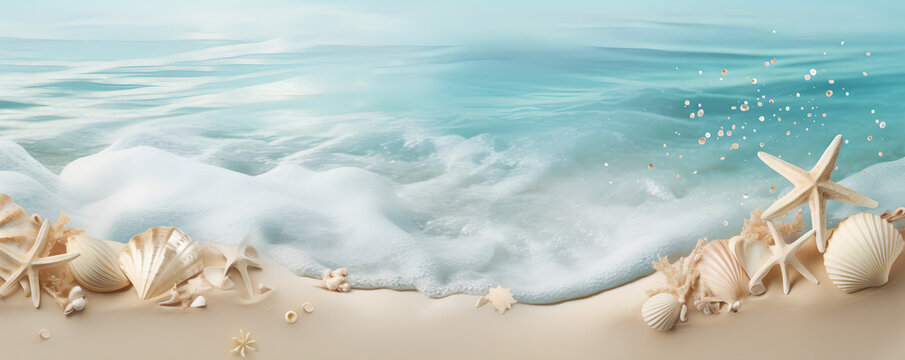 Sandy beach background, raining shimmering sand, salty, shell and seastars - The Sandy Beach Series