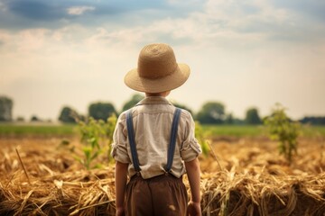 Hardworking American farmer child boy. Corn farm. Generate Ai - obrazy, fototapety, plakaty