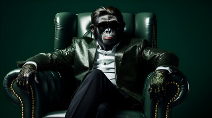 Affe im Anzug sitzt in einem grünem Stuhl - obrazy, fototapety, plakaty
