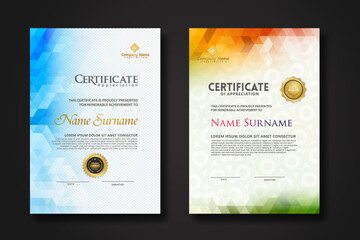 Set modern certificate template with gradation colorful polygon shape ornament