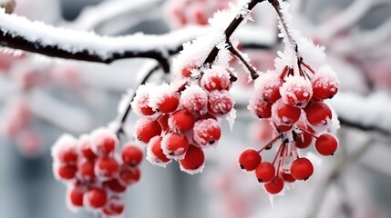 Winter frozen viburnum under snow. Viburnum in the snow. First snow. Beautiful winter nature - obrazy, fototapety, plakaty