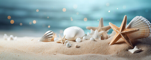 Fototapeta na wymiar Sandy beach background, raining shimmering sand, salty, shell and seastars - The Sandy Beach Series