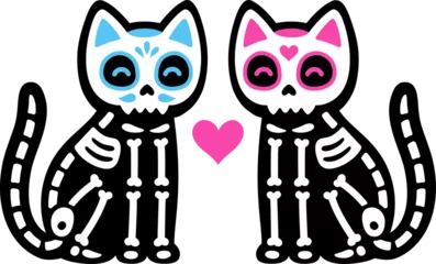 Fotobehang Two cute cartoon skeleton cats with Mexican painted skulls. Male and female black cat couple. Dia de los Muertos (Day of the Dead) drawing. © sudowoodo