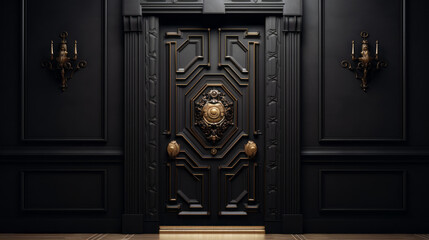 A black door is framed by two black pillars, with a large brass door knocker at the center
