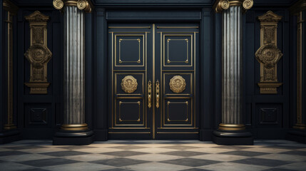 A black door is framed by two white pillars, with a large brass door knocker at the center - obrazy, fototapety, plakaty