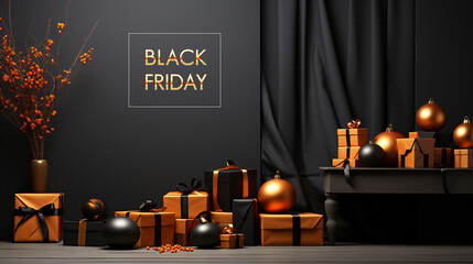 Black Friday Super Savings: Realistic black gift boxes with elegant gold bows on display shelves and a podium, set against a dark background.. - obrazy, fototapety, plakaty
