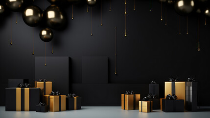 Black Friday Special: Shelves, podium, black gift boxes, gold bows, dark setting..