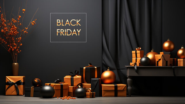 Black Friday Super Savings: Realistic black gift boxes with elegant gold bows on display shelves and a podium, set against a dark background..