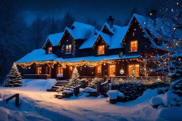 house at night with snowing area