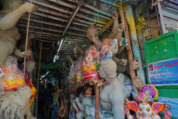 Kolkata, West Bengal, India - September 2023 -  Kumartuli is the place where sculptors make the idols - obrazy, fototapety, plakaty