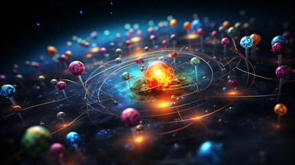 Dive into the world of subatomic particles within atoms with a 3D-rendered depiction—an essential physics concept.. - obrazy, fototapety, plakaty