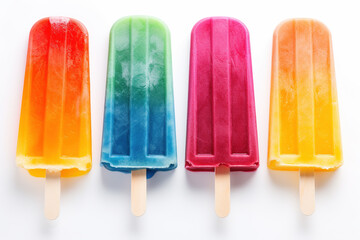 Colorful assorted frozen popsicles melting in the summer heat, isolated on a white background