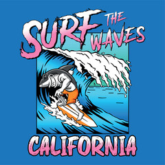 California Surf the Waves, shark mascot cartoon surfing vector illustration