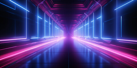 A futuristic setting featuring neon fluorescence lighting in a lengthy corridor within a cyberpunk-inspired backdrop