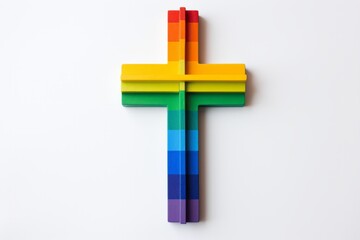 Obraz premium Illustration of a rainbow coloured cross on a white background. Acceptance of the LGBTQI+ community within religion. Created with Generative AI technology