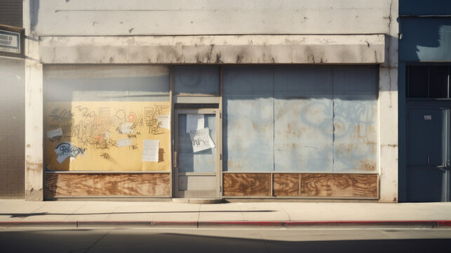 A boarded-up storefront with fading posters, reflecting economic decline in the community 
