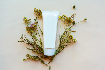 Cosmetic bottle and herbs on white background. Flat lay, top view. Natural cosmetic product concept