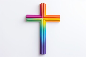 Illustration of a rainbow coloured cross on a white background. Acceptance of the LGBTQI+ community within religion. Created with Generative AI technology