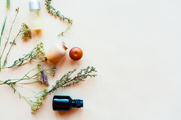 Cosmetic bottle and herbs on white background. Flat lay, top view. Natural cosmetic product concept