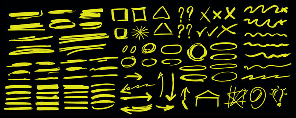 Hand-drawn doodle design elements, black on white background. Swishes, swoops, emphasis, Arrow, crown, brush stroke. doodle sketch design elements