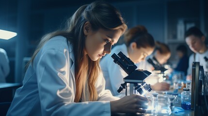 A cluster of university students conducting a microscope experiment in a science lab.