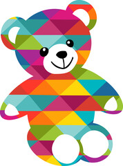 Coloured teddy bear icon with geometric designs on a transparent background, on PNG files
