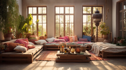 A bohemian-inspired living room with floor cushions, an assortment of textiles, and low wooden tables This space is a haven of relaxation and cultural diversity