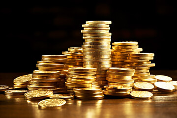 Stacks of gold coins on black background.