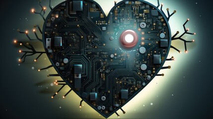 A heart-shaped vector illustration with a circuit board pattern.