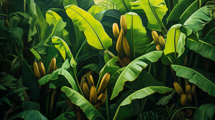 painting of banana leaves and trees in the forest - obrazy, fototapety, plakaty