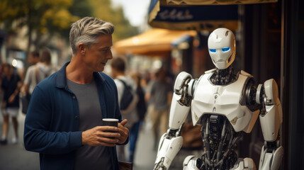 A humanoid android with gentle smile and precision control helping an elderly man to walk in a busy sidewalk on city road. - obrazy, fototapety, plakaty