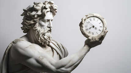 altgriechische Marmorstatue mit Uhr in der Hand