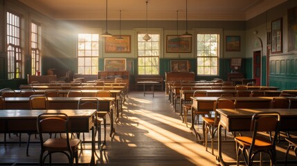 Rows of desks and chairs in an empty classroom are bathed in sunlight, creating long shadows.